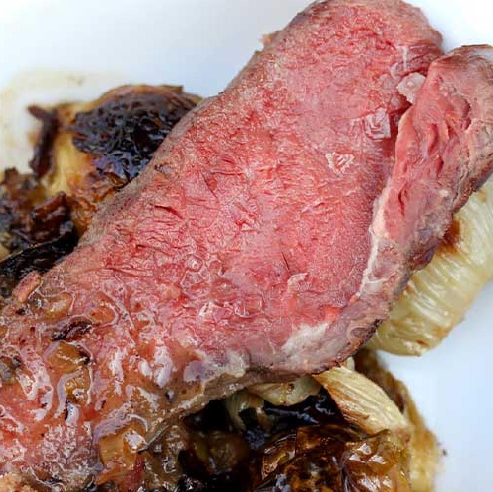 Bison Striploin Steaks with Juniper Calvados Sauce, Roasted Fennel & Hazelnut